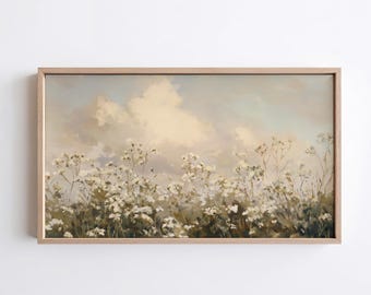 White Blooms at Dusk Frame TV | Neutral Wildflower Meadow Painting | Warm Beige Botanical Art | Samsung Frame TV Art | Digital Download