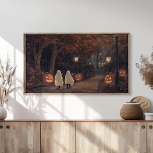 May include: Two children dressed as ghosts walk down a path lined with glowing jack-o'-lanterns. The path leads to a house with lit windows in the distance. The scene is set in a forest with autumn leaves on the ground.