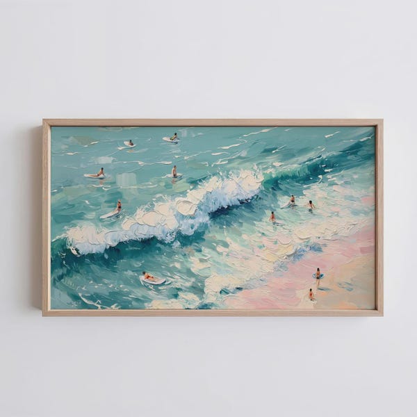 Painterly Coastal Frame TV Art, Surfers Samsung Frame TV, Wall Decor, Digital Download