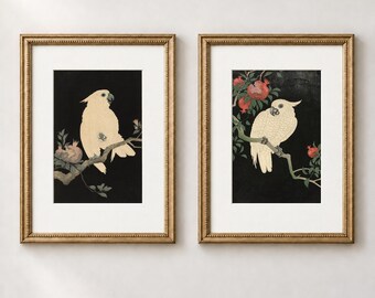 Vintage Cockatoo Prints Set of 2, Japanese Bird Wall Art, Pomegranate Botanical Pair, Printable Digital Download