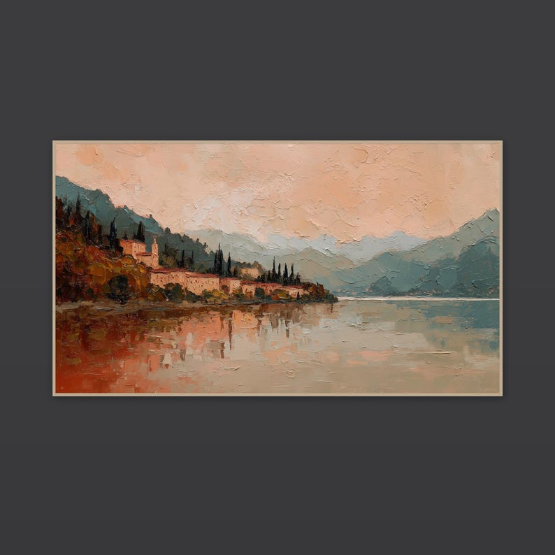 Quadro su tela del Lago di Como / Pittura a olio a impasto Paesaggio italiano / Panorama Samsung Frame TV / Download digitale immagine 3