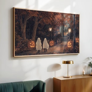Spooky Halloween Ghost Pumpkins Art | Vintage Autumn Scene (Digital Download) image 7