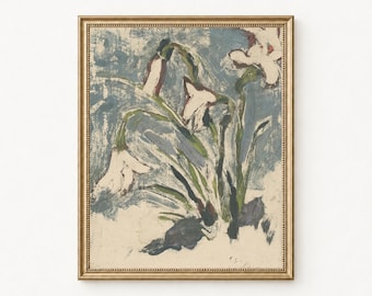 Flowers Printable Wall Art, Dusty Blue and Cream Vintage Botanical Monotype, Digital Download