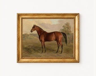 Puede incluir: Una pintura al óleo enmarcada que representa un caballo marrón de pie en un campo de hierba con árboles al fondo. La obra está encerrada en un marco dorado ornamentado y texturizado con un borde interior de cuentas, mostrando una escena ecuestre.