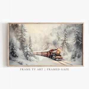 May include: A red train with a plume of smoke travels through a snowy forest. The train is surrounded by tall, snow-covered trees. The scene is painted in a watercolor style.
