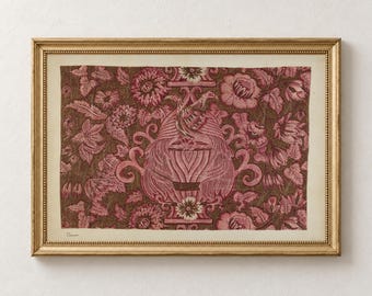 Rose Floral Textile Print, Vintage Wall Art, Printable Art, Digital Download