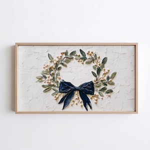 Samsung Frame TV Art | Navy Bow Holiday Wreath Impasto Painting (Digital Download)