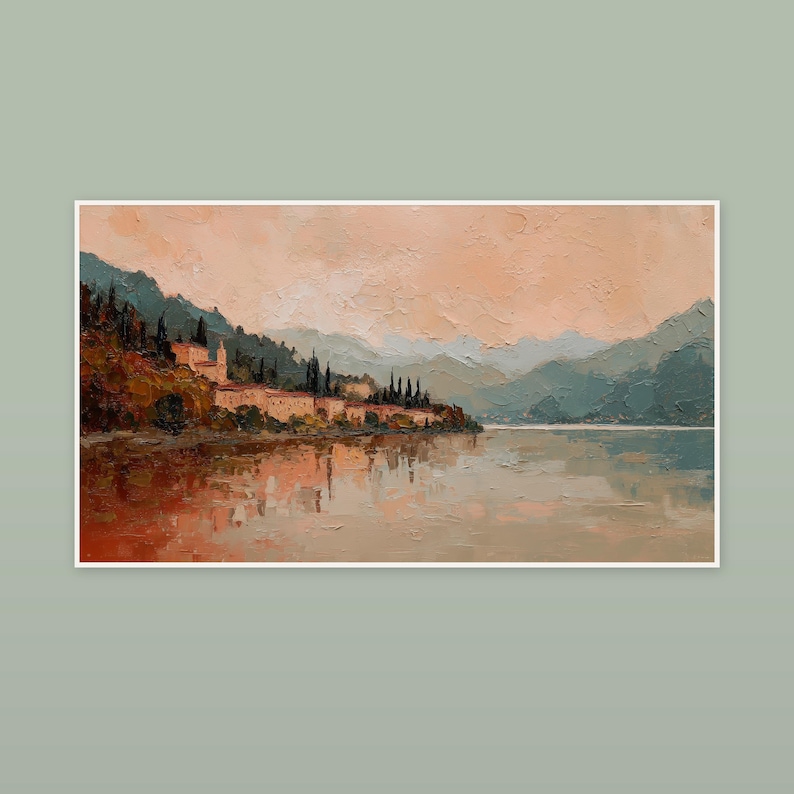 Quadro su tela del Lago di Como / Pittura a olio a impasto Paesaggio italiano / Panorama Samsung Frame TV / Download digitale immagine 4