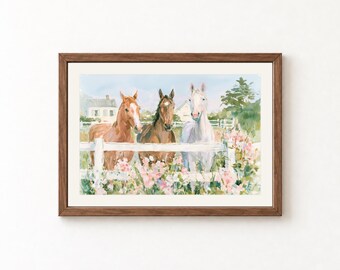 Pastel Horse Watercolor Print, Equestrian Nursery Art, Cottage Farmhouse Decor (Digital Download)