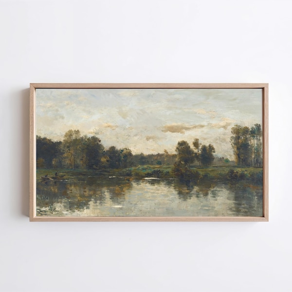 Flussspiegelungs-Landschaftskunst für Samsung Frame TV, neutrales Cottagecore-Gemälde (Digitaler Download)