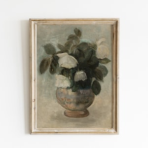 Vintage Floral Still Life Painting: Neutral Home Decor (Digital Download)