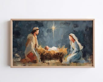 May include: An oil painting in a light wood frame depicting a nativity scene with two figures kneeling on either side of a manger containing a baby. A bright star shines in the dark blue background above the manger, illuminating the scene with light.