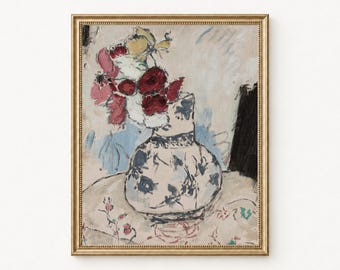 Flower Vase Printable Wall Art, Red Flowers and Blue White Vase, Vintage Still Life, Digital Download