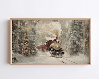 May include: A framed horizontal painting depicting a vintage red steam locomotive traveling through a snowy forest. A tall, illuminated Christmas tree stands to the left, while thick white smoke billows from the train engine into the winter air.