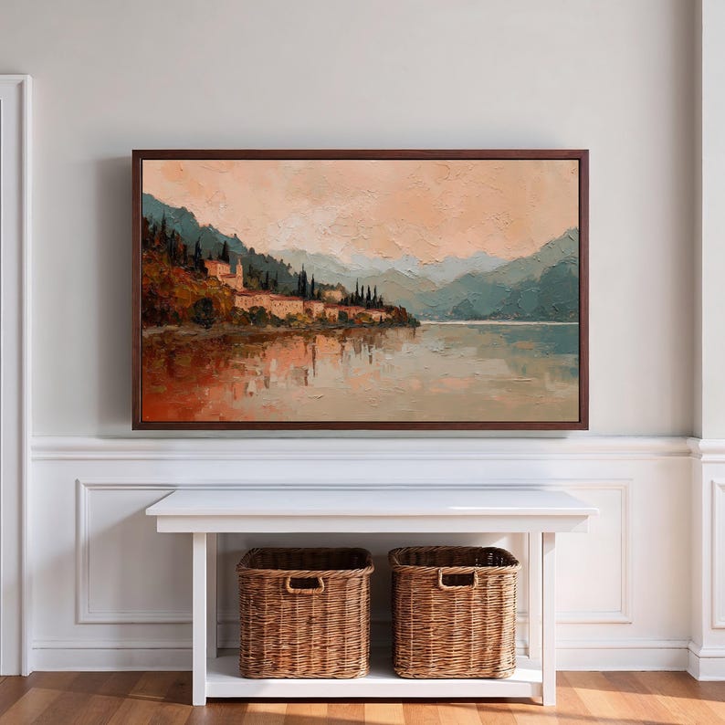 Quadro su tela del Lago di Como / Pittura a olio a impasto Paesaggio italiano / Panorama Samsung Frame TV / Download digitale immagine 2