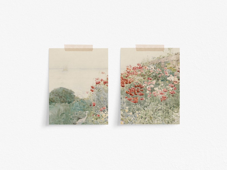 Poppy Set of 2, Vintage Painting, Poppy Flowers Wall Art, Digital Download image 2