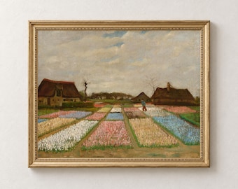 Vintage Flower Fields Print, Dutch Cottage Landscape Wall Art, Pastel Garden Painting, Digital Download