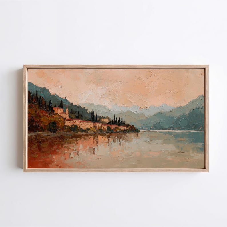Quadro su tela del Lago di Como / Pittura a olio a impasto Paesaggio italiano / Panorama Samsung Frame TV / Download digitale immagine 1
