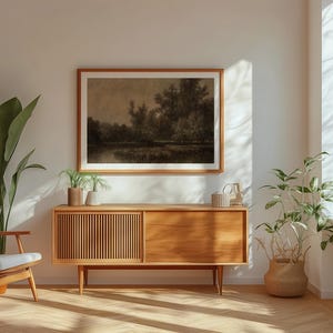 Pu&ograve; includere: Un credenza in legno con una finitura in legno chiaro e un piano in legno scuro. La credenza ha due ante e due cassetti. Un dipinto paesaggistico incorniciato &egrave; appeso al muro sopra la credenza. Una pianta in vaso si trova sul pavimento accanto alla credenza.