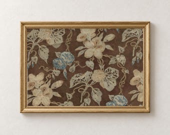 Vintage Brown Floral Print, Cream and Blue Botanical Textile Wall Art, Cottage Decor, Digital Download