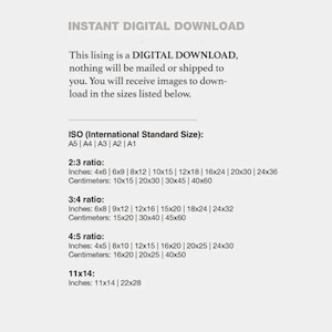 May include: Text explaining that this listing is for a digital download of images in various sizes. The sizes are listed in inches and centimeters, using the ISO standard sizes: A5, A4, A3, A2, and A1. The ratios are 2:3, 3:4, 4:5, and 11x14.