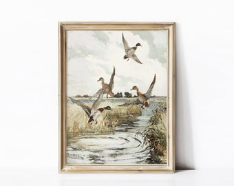 Mallard Ducks Print, Vintage Wall Art, Flying Ducks Vintage Painting