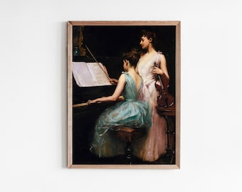 Girls Playing Piano | Neutral Wall Art | Vintage Painting | Digital Download | Printable Wall Art