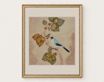 Blue Bird and Hazel Branch Print, Vintage Wall Art, Printable Art, Digital Download