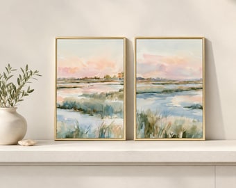 Pastel Coastal Marsh Wall Art Set of 2, Soft Watercolor Landscape Prints, Blue and Blush Wetlands Decor