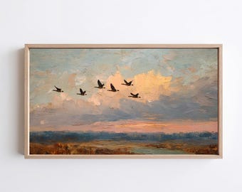 Samsung Frame TV Art | Geese Sunset Impasto Oil Painting (Digital Download)