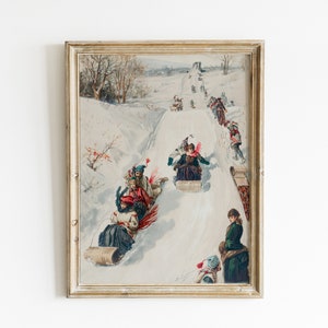 Vintage Winter Sledding Painting: Christmas Wall Art (Digital Download)