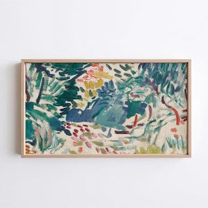 May include: A framed abstract painting with a natural theme. The artwork features a vibrant mix of colors, including greens, blues, yellows, and reds, creating a dynamic and textured landscape. The painting is encased in a light-colored wooden frame.