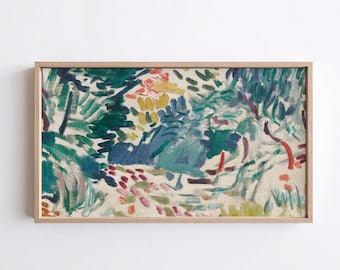 May include: A rectangular framed painting featuring an abstract landscape with visible brushstrokes in shades of dark green, teal, yellow, and red on a light beige canvas. The artwork is enclosed in a simple, light-toned wooden frame.
