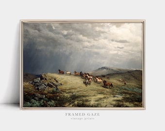 Peut inclure: Une peinture vintage représentant un troupeau de chevaux courant à travers un champ herbeux sous un ciel orageux. Le ciel est un mélange de nuages gris et blancs avec de la pluie qui tombe. Les chevaux sont bruns, noirs et blancs. Le champ est vert et brun avec quelques rochers et buissons.