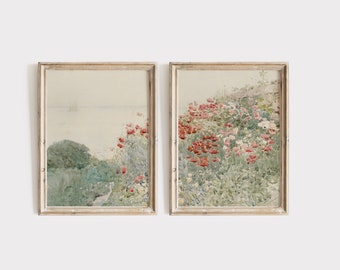 Poppy Set of 2, Vintage Painting, Poppy Flowers Wall Art, Digital Download