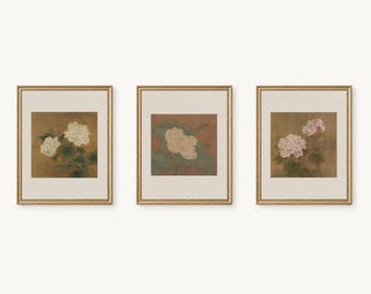 Vintage Floral Print Set of 3, Chinese Cotton Rose and Lotus Wall Art, Pink and White Flowers, Botanical Printable Gallery Set