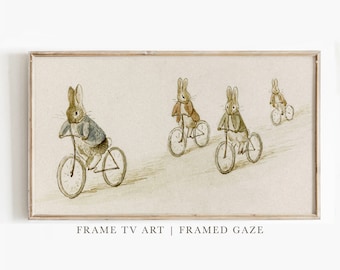 Cadre TV Art Pâques | Cadre pour téléviseur | peinture vintage de lapin | Art mural pour téléviseur