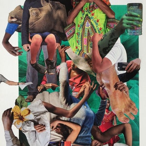 May include: A mixed media collage featuring various body parts and clothing elements. The artwork includes a rhino head, a person in a green patterned shirt, and a person holding a glass. The background is a mix of green and white.