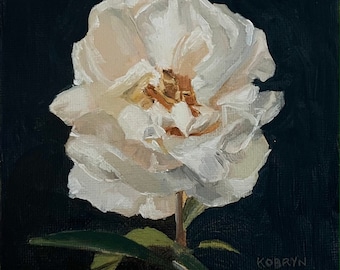 Kunstprint pioenroos, humeurige bloemengiclée, donkere achtergrond