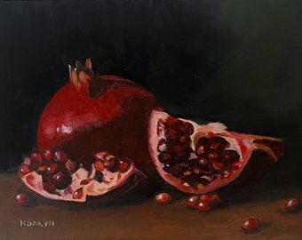 Pomegranate Wall Art, Fruit Oil Painting, Moody Wall Art, Kitchen Gift, Still Life Painting, Pomegranate Art Print, Unframed Giclee Artwork