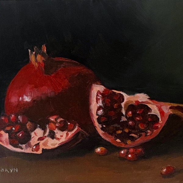 Pomegranate Wall Art, Fruit Oil Painting, Moody Wall Art, Kitchen Gift, Still Life Painting, Pomegranate Art Print, Unframed Giclee Artwork