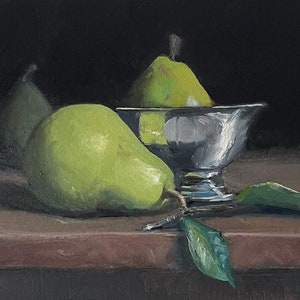 Original 5x7” Oil Still Life Painting - Pears, Antique Silver Bowl