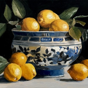 Pintura al óleo de naturaleza muerta con limones, arte cítrico, cuenco azul y blanco, decoración de pared de cocina