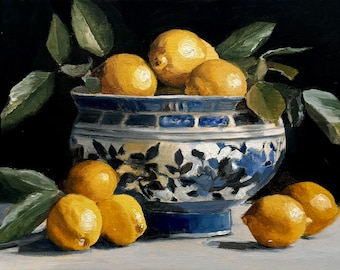 Lemon Still Life Oil Painting, Citrus Art, Blue and White Bowl, Kitchen Wall Decor