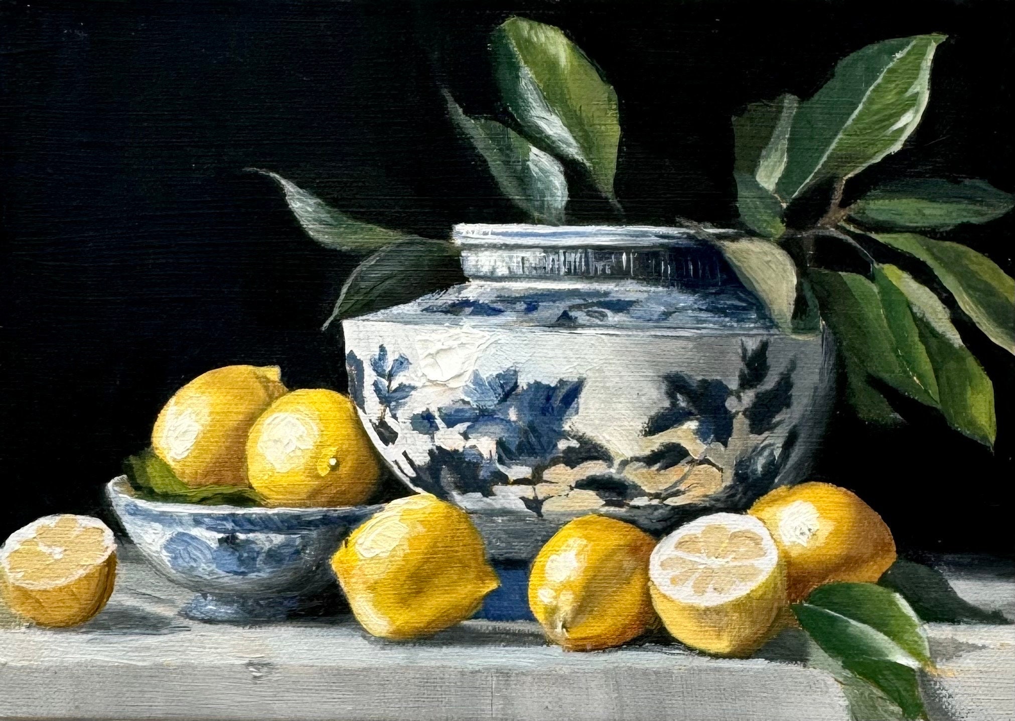 Lemon Still Life Art Print, Blue White Chinoiserie Bowl