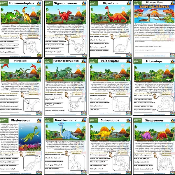 12 Dinosaur Reading Comprehension Worksheets and Cards