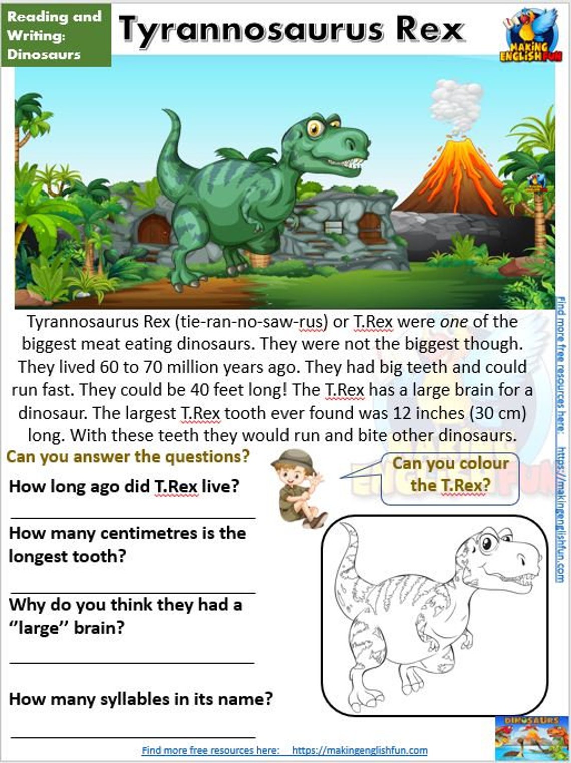 12 Dinosaur Reading Comprehension Worksheets and Cards | Etsy