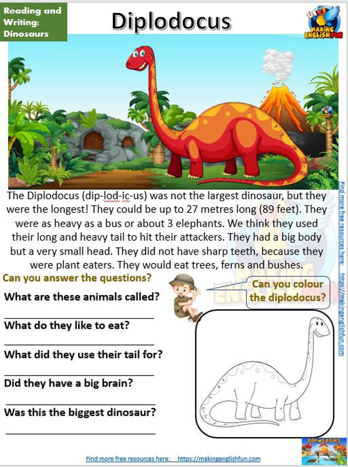12 Dinosaur Reading Comprehension Worksheets And Cards Etsy