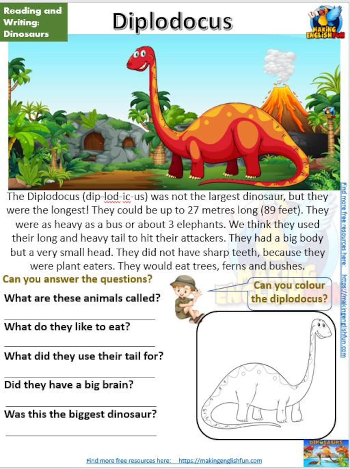 12 Dinosaur Reading Comprehension Worksheets And Cards Etsy