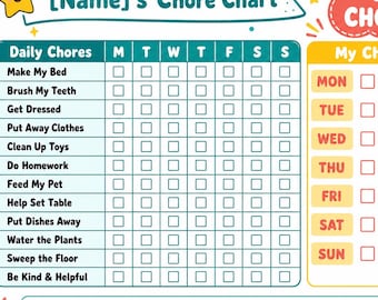 Kids Chore Chart Printable, wöchentliche Verantwortung Tabelle für Kinder, tägliche Routine Checkliste, Belohnung Tabelle, Jungen Mädchen, sofort Download PDF